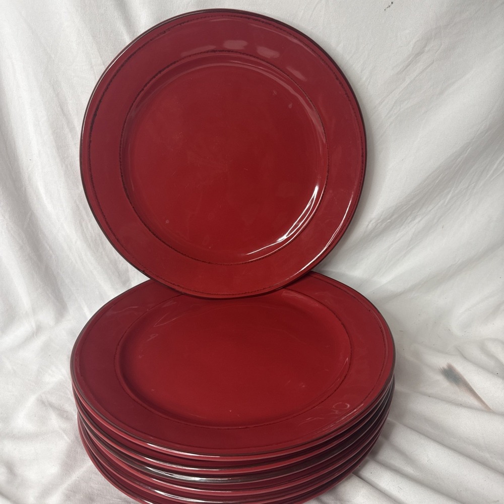 Citrus Grove Solid Red Valentine Stoneware 11" Dinner Plate Set 7 Cottage
